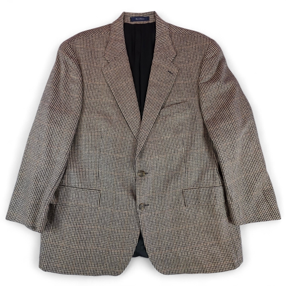 Vintage 90s Ralph Lauren Silk Wool Houndstooth Blazer Black Tan Brown Gray 48R - Picture 2 of 11